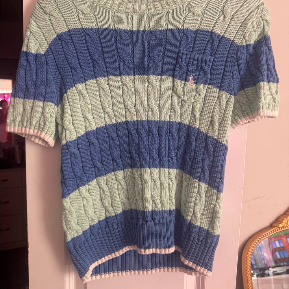 Ralph Lauren Striped Cable-Knit Short Sleeve Sweater in Blue & Mint